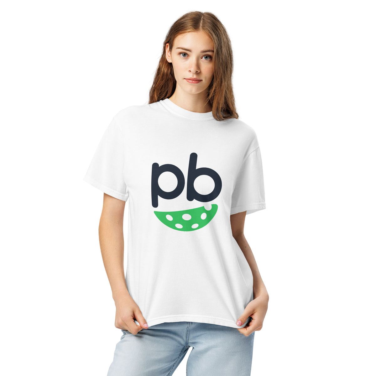 PickleBuddy Classic Logo pickleball t-shirt in white