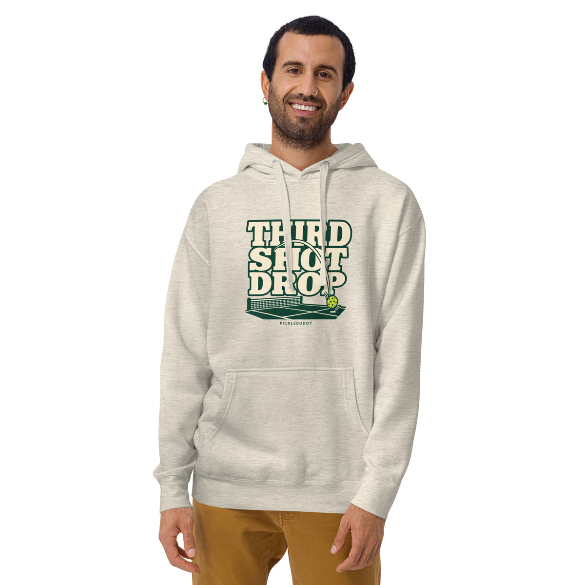 Third Shot Drop vintage pickleball hoodie in Oatmeal Heather, front view