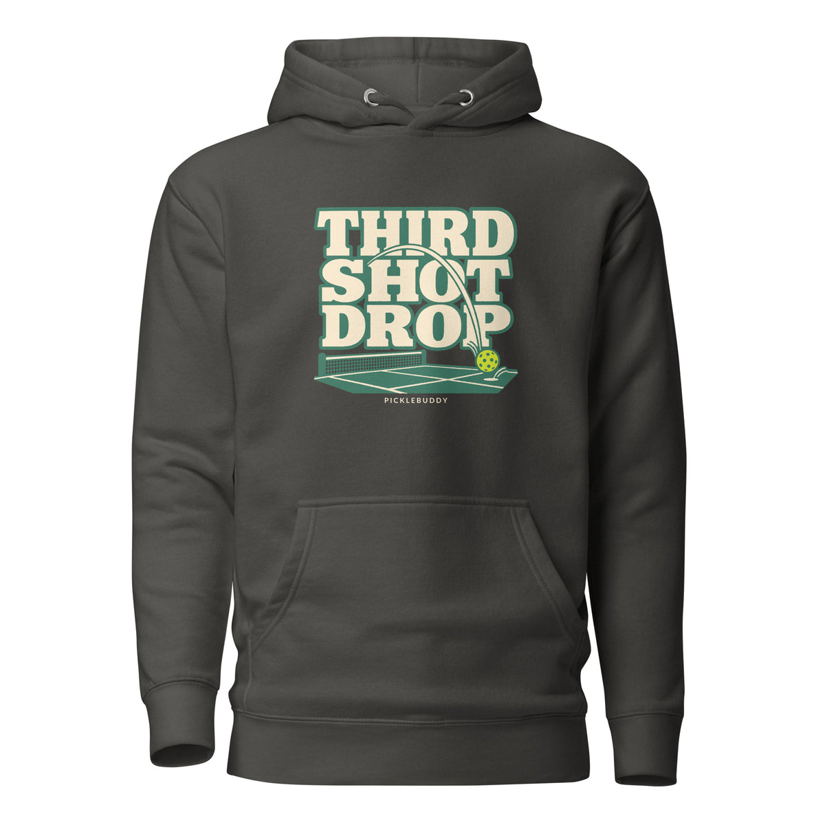 Third Shot Drop vintage pickleball hoodie in Vintage Black, front view