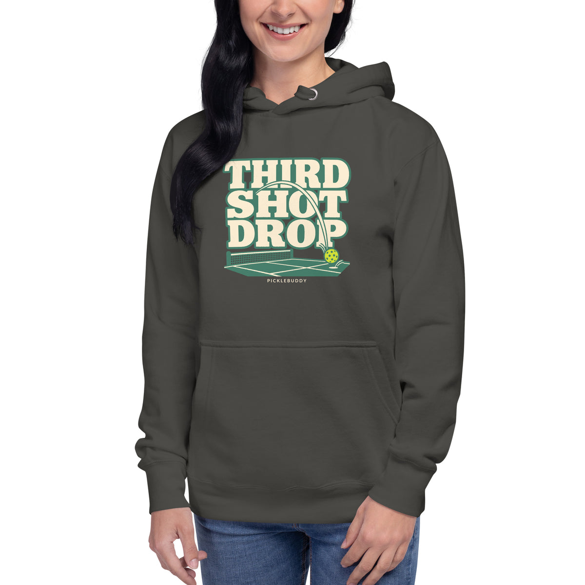 Third Shot Drop pickleball hoodie in Vintage Black, retro court print
