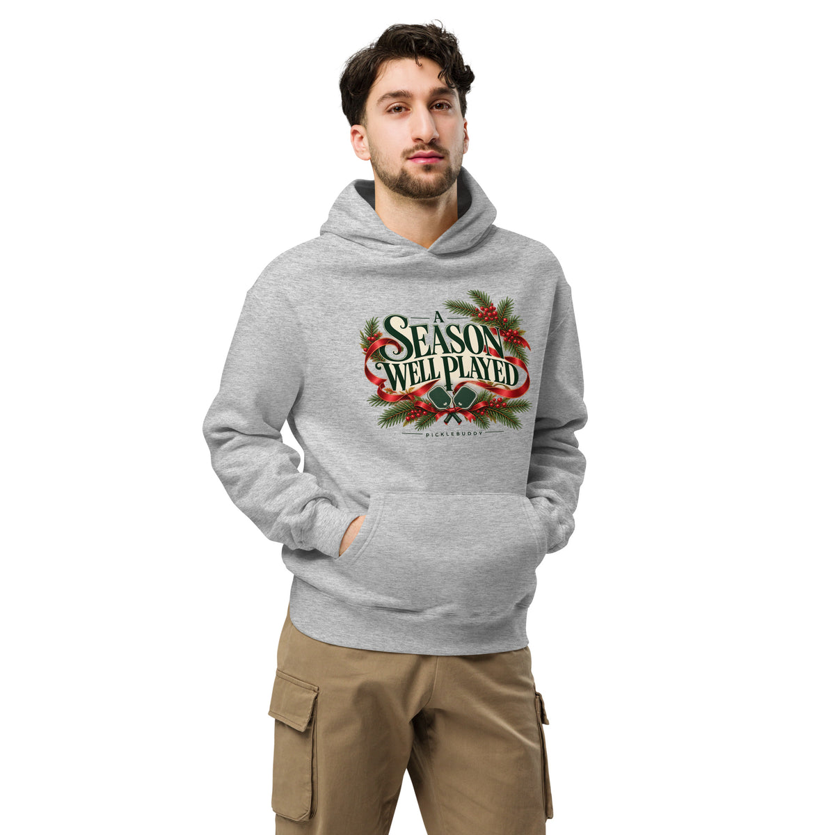 A Season Well Played pickleball hoodie in Athletic Heather with festive graphic