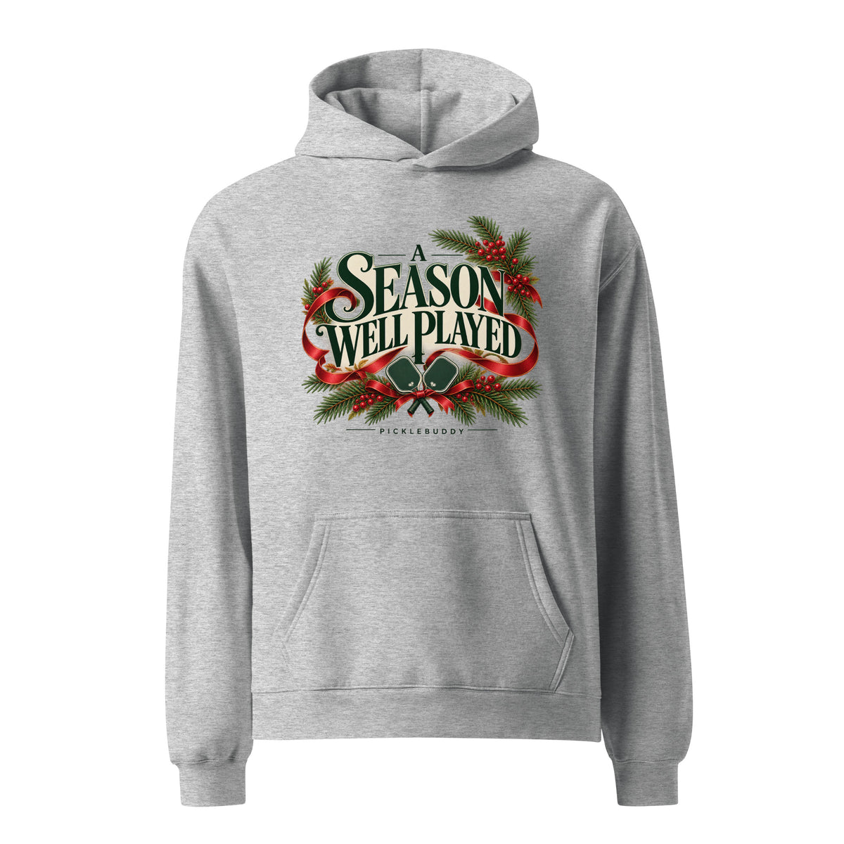 Holiday pickleball artwork with vintage typography on Athletic Heather hoodie
