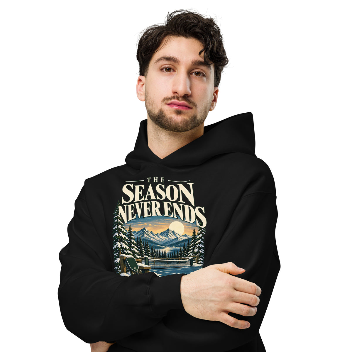 PickleBuddy winter pickleball hoodie in Black, relaxed fit and front graphic