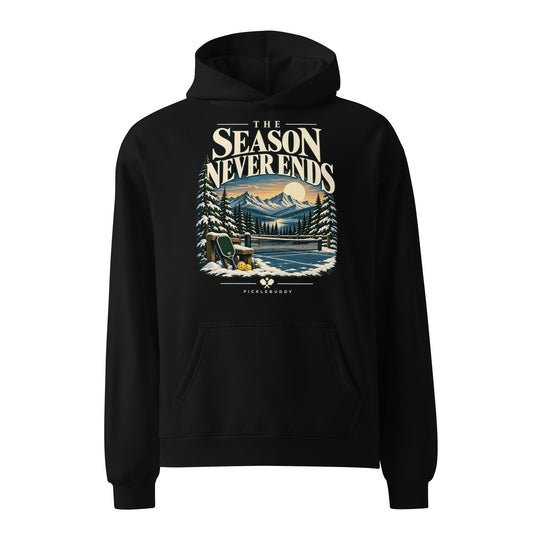 The Season Never Ends pickleball hoodie in Black with vintage alpine court artwork