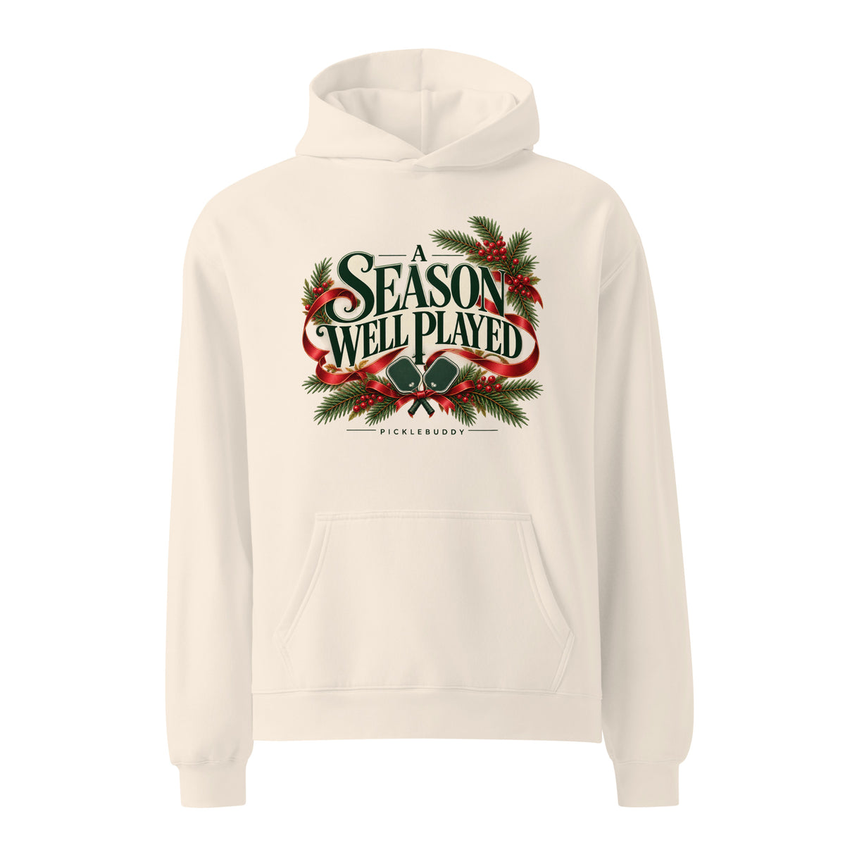 A Season Well Played holiday pickleball hoodie in Bone, front view