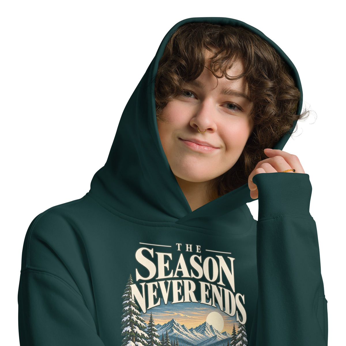 The Season Never Ends design with snow-covered pickleball court and mountain landscape